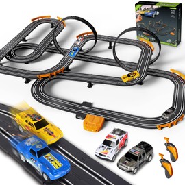 Slot Car Race Track Set Electric or Battery Powered Racing Car Track for Kids Boys, with 4 High-Speed Cars and 2 Hand Controllers,Dual Racing Game Toys for Children Age 6 7 8 Years Old
