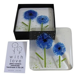 Pair of Handcrafted Glass Coasters with a Blue Flower