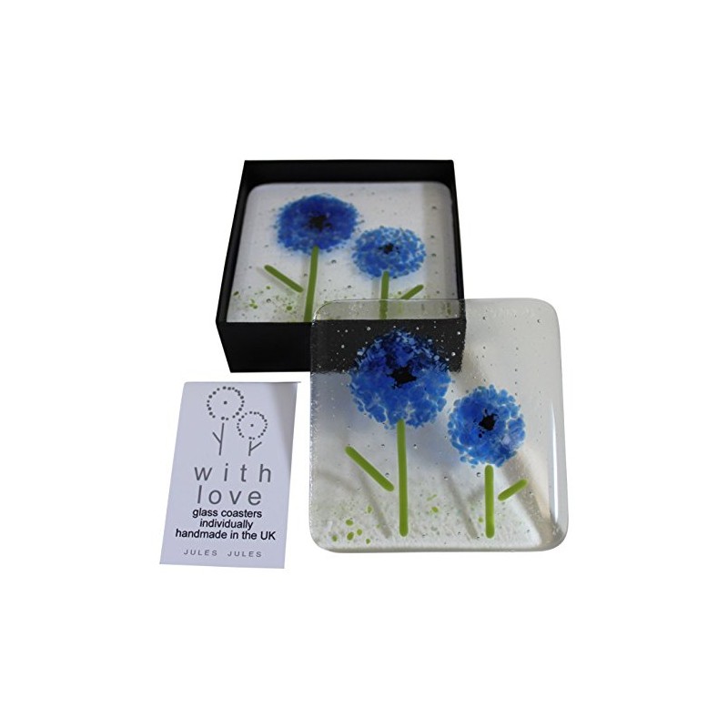 Pair of Handcrafted Glass Coasters with a Blue Flower