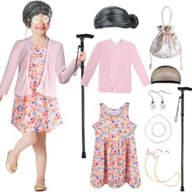 Kitimi Girls' Pink Old Lady Costume, 100 Days of School Fabric, Multiple Accessories, Party