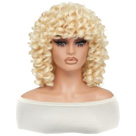 GKtineke Short Blonde Curly Wig with Bangs, Full Loose Curly Wigs for Black Women and White Women Soft Fluffy Natural Synthetic Wig for Daily and Party(Blonde)