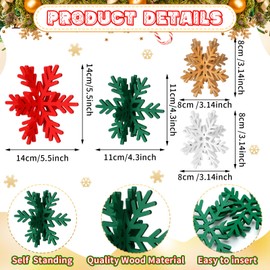 Bucherry 12 Pcs Wooden Snowflake Table Decor 3D Snowflake Tabletop Signs and Centerpiece for Christmas Xmas Winter Wonderland Decorations Home Party (White, Gold, Red,Green)