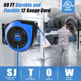 SURAIELEC 12 Gauge Retractable Extension Cord Reel, 60 FT 12 AWG/3C SJTOW Heavy Duty Power Cord, 3 Outlets Triple Tap, 15 AMP Circuit Breaker, Ceiling/Wall Mount, UL Listed