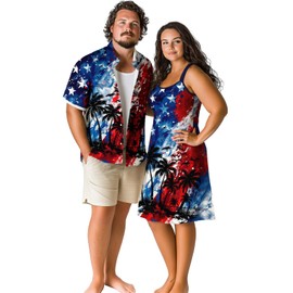 ROSE GAL Matchable Couple Hawaiian Tie Dye Coconut Tree Print Patriotic American Flag Star Striped Print Shirt or Plus Size Knee Length Fit and Flare Tank Dress(Women/Blue/3X)
