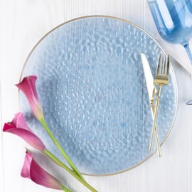 Table Settings Blue Hammered Organic Plastic Charger Plates (Pack Of 4) - 13" - Elegant Gold Rim Design, Perfect for Birthday Parties, Weddings, Events, & More