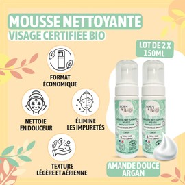 BORN TO BIO Organic Facial Cleansing Foam for Combination Skin - 2 x 150ml: Comfort - Almond - Gentle and Effective Cleansing - Comfort - Ultra Light Texture - Organic Certified