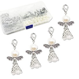 Wzong 50 Sets Guardian Angel Charms Keyring Set Angel Beads Wings Craft Set Wedding Decoration Baby Shower Crafts Gifts, Silver
