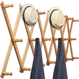 WEBI Accordion Wall Hanger,Expandable Wooden Coat Rack Wall Mounted,Accordion Hat Rack for Wall,Accordion Hook Rack for Hats,Caps,20 Peg Hooks,Natural