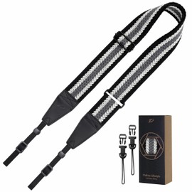 Padwa Lifestyle Adjustable Camera Strap - 2" Top Layer Cowhide Head Camera Straps for Photographers,Soft Cotton Rope Crossbody Strap with Quick Release fits All Cameras - Black Gray Stripes
