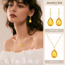 Linawe Yellow Jewellery Sets for Women, Gold Pendant Necklace and Earrings Set, Imitation Diamond Birthstone Crystal Rhinestone Tear Drop Costume Jewellery for Women Sets, Fake Jewellery