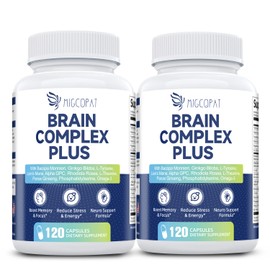 Paquete de 2 suplementos cerebrales para memoria y concentración, nootrópicos con bacopa, melena de león, Alpha GPC, claridad mental y apoyo cognitivo, vitamina B6 y B12, 240 cápsulas (120/botella)