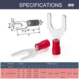 Chanzon UL Listed Insulated Fork Terminals M8 5/16" inch U-Type - 22-16AWG - Crimp Connectors Electrical Wire Red PVC Brass Copper - 50pcs Pack