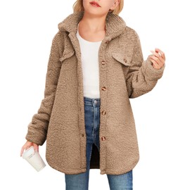 Haloumoning Girls Fuzzy Fleece Jacket Casual Button Down Sherpa Overcoat Faux Fur Jackets Outwear 4-15 Years