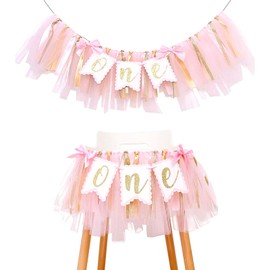 TUONYIS ONE Highchair Banner, ONE First Birthday Banner, 1st Birthday High Chair Ribbon Banner, ONE High Chair Bunting Banner, Baby Girls One Birthday Banner for Baby Birthday Party (Pink)