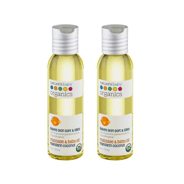 Nature's Baby Organics Baby Oil - Soothing & Hydrating Baby Oil - No Mineral Oil & Non-Greasy - Soft & Healthy Skin - Massage Oil for Newborn & Kids - Sunflower & Olive Oil - Mandarin Coconut (2 Pack 4 oz)