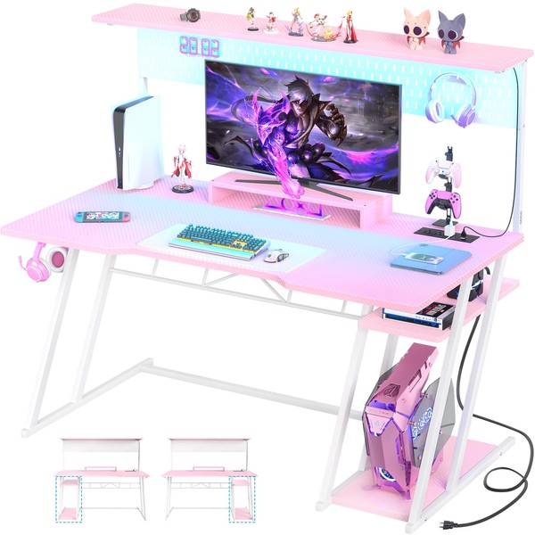 Pink Gaming Desk with Hutch and LED Lights, 55" Computer