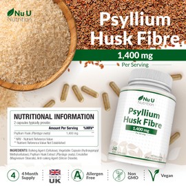 Nu U Nutrition Psyllium Husk Fibre Supplement - 1400mg per Serving - 240 Vegan Capsules - Natural Soluble Prebiotic Fiber from Plantago Ovata Seeds - Made in The UK - Nu U Nutrition