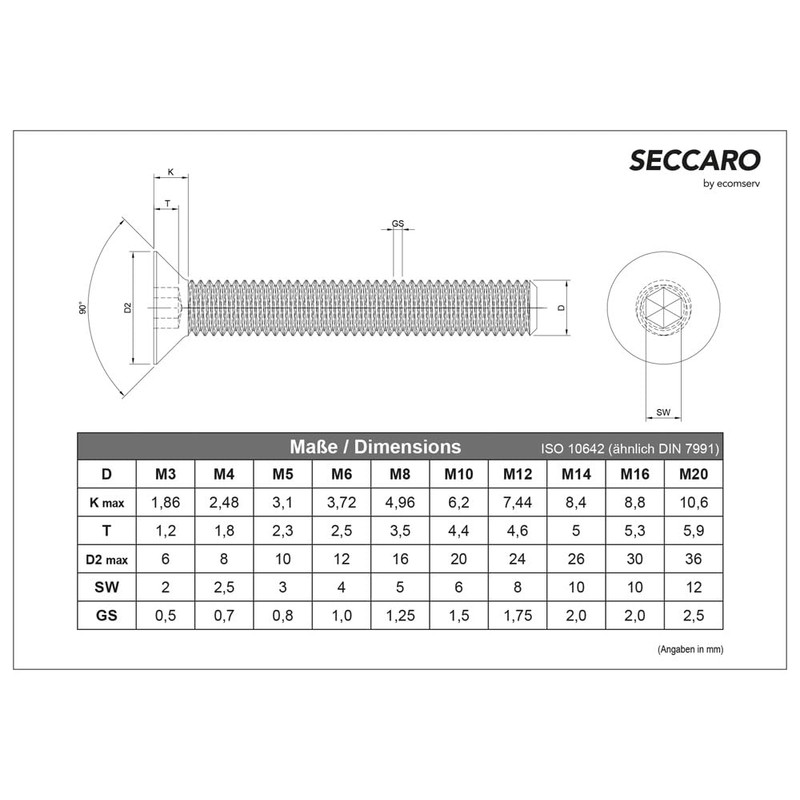 SECCARO Countersunk Screw M5 x 12mm Stainless Steel V2A VA
