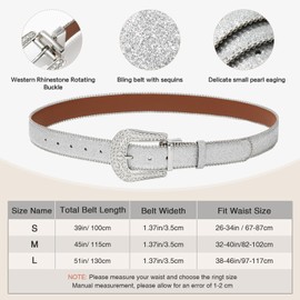 AWAYTR Rhinestone Reversible Belt for Women - Western Vintage Bling Cowgirl Leather Sequin Belt for Jeans and Dresses (Sequin Silver/Brown,130cm)