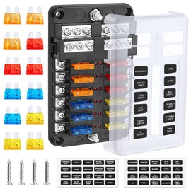 Electop 12-Way Blade Fuse Block, 12 Circuits with Negative Bus Fuse Box Holder with LED Indicator Damp-Proof Protection Cover Sticker for Automotive Car Truck Boat Marine RV Van