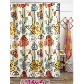 Estmy 70s Retro Boho Floral Psychedelic Shower Curtain in Yellow Orange, Funky Mushrooms Flowers and Eyes Trippy Hippie Vintage Fabric Shower Curtain Set Cottage-core Abstract Aesthetic Bathroom Decor