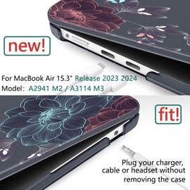 DONGKE Compatible with M3 MacBook Air 15 inch Case 2024 2023 A3114 A2941 M2 Retina Display Touch ID, Plastic Hard Case & Keyboard Skin & Screen Protector for MacBook Air 15.3" - Dahlia Flowers