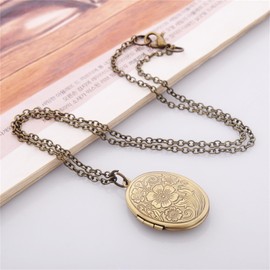 Engraved Flower Empaistic Geometric Photo Locket Necklace Gold Silver Plated Vintage Antiqued Carved Pattern Oval Round Hold Pictures Pendant Necklace for Men Women Souvenir Memorial Fashion Jewelry Gifts (Bronze color)