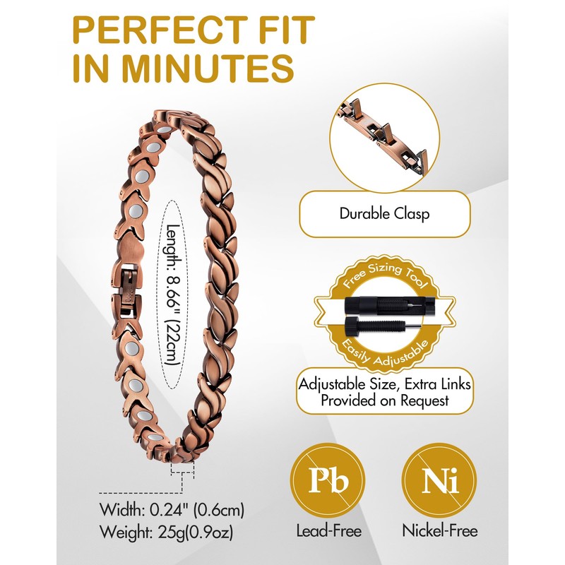 Feraco Copper Bracelet for Women 99.99% Solid Copper Magnetic Bracelets,