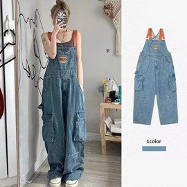 TYYRBMG CXH362 Denim Overalls, Women's, Overalls, All-in-One, Large Size, Big Silhouette, Body Cover, Long Pants, Thick, Loose, Stylish, Fashionable, Cute, Spring and Autumn, blue