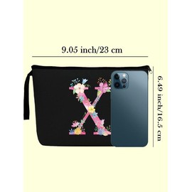 Letter Pattern Zipper Cosmetic Bag, Wedding Bridal Bridesmaid Flower Initial Print Makeup Bag, Portable Zipper Travel Storage Toiletry Pouch - Color: Black, Size: Letter-J