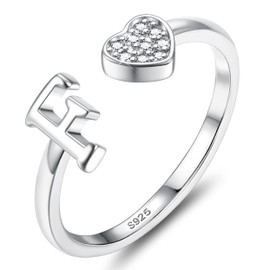 JeweBella 925 Sterling Silver Rings for Women Girls Adjustable Heart Initial Ring Stackable Thumb Ring Eternity Wedding Promise Engagement Rings A-Z Letter Rings Jewellery Gifts with Gift Box