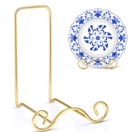 Baderke Wrought Iron Bowl Deep Platter Stand Detachable Metal Scroll Display Rack Easel Metal Bowl Display Stand Decorative Display Holder Dish Picture Display Easel, 6.5" H x 4.7" W x 5" D(Gold)