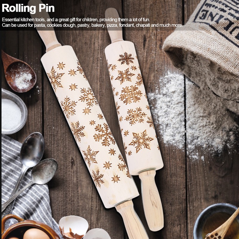 Christmas Wooden Rolling Pins Engraved Embossing Dough Pin with Snowflake
