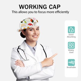 2 Pcs Japanese Cuisine Dishes Ponytail Scrub Cap for Women – Adjustable Nurse Hat with Buttons and Sweatband, Working Cap for Long Hair