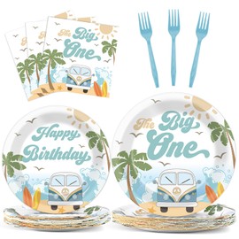 Summer Beach The Big One Party Plates Napkins Boy Surfing First Birthday Decoration Set Hawaiian Palm Tree Dinner Dessert Tableware for Retro Wave Theme Birthday Party Decoration Supplies Serve 24
