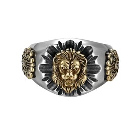 Anillos ajustables de plata tailandesa para hombre y mujer, con cabeza de león dorado chapado en plata, estilo retro, con banda abierta para hombre, punk, motocicleta, nudillos, joyería, Plata