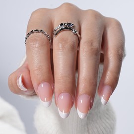 French Tip Press On Nails - White Short Almond Fake Nails, French Tip Press On Nails Reusable Stick On Nails in 16 Sizes, 32pcs False Nail Kit for Women & Girls