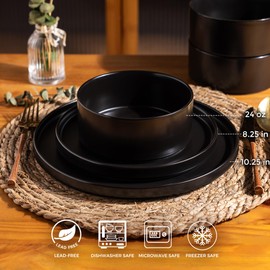GBHOME Ceramic Dinnerware Sets of 4,Stoneware Plates and Bowls Sets,Chip and Crack Resistant | Dishwasher & Microwave Safe Dishes Set,Scratch Resistant- Service for 4 (12pc)-Matte Black