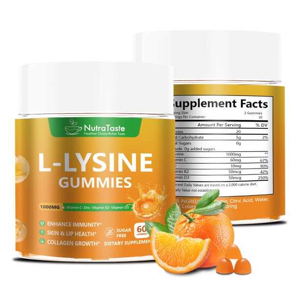 L-lysine Gummies 1000mg, Chewable Lysine Supplement with Vitamin C, D3,
