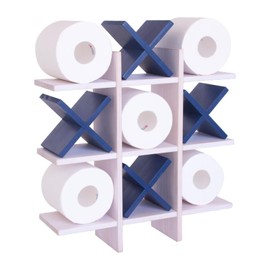 DAOYOUSKY Tic Tac Toe Toilet Paper Holder Stand with 4pcs Wooden X, Farmhouse Rustic Wall Mounted Funny Toilet Papers Storage Organizer with Shelf, Guest Bathroom Decor, White and Blue