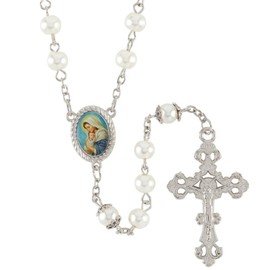 Virgin Mary, My Spiritual Mother, White Glass Prayer Beads Catholic Rosary Necklace in Velveteen Drawstring Jewelry Pouch, Religious Christian Jewelry for Women, Inspirational Gifts for Men, 20 Inch