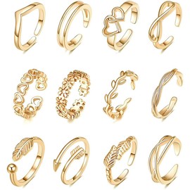 WUMZIRA 12 Pieces Open Toe Rings Set for Women Girls Easy Adjustable Ankle Ring Toe Rings Ankle Midi Tail Pinky Rings Foot Jewellery (Gold), Metal