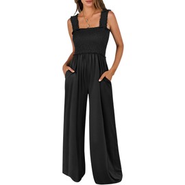 ANRABESS Jumpsuits for Women Sleeveless Summer Casual Smocked Wide Leg Long Romper Jumpers 2025 Dressy Vacation Outfits Black M