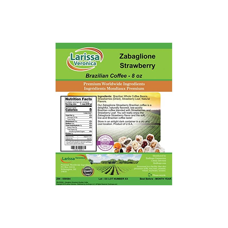 Zabaglione Strawberry Brazilian Coffee (Gourmet, Naturally Flavored, Whole Coffee Beans)