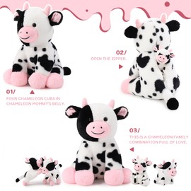 MorisMos Cow Teddy Plush Toy with Babies inside, Lifelike Dairy Cattle Stuffed Animal Soft Toys Cuddly, Kawaii Presents for Kids Girls Boys Christmas Birthday Party Decorations (37cm)