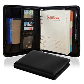 Carpeta con Cierre, A5 Carpeta de Portafolios, Diseño con Cremallera para Evitar Caídas,100 Hojas de Papel Gratuitas, Superficie de Cuero para Mayor Comodidad, Adecuado para Empresarios(Negro)