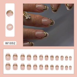 Press on Nails Medium Almond Fake Nails White French Tip with 3D Gilded Line Design Glitter False Nails Full Cover Glossy Glue on Nails Acrylic False Nails for Women Girls 24 Pcs (Gold-1, M-1)