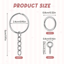100 Pcs 25mm Keychain Rings and Keyring Chains & 100 Pcs Screw Eye Pins