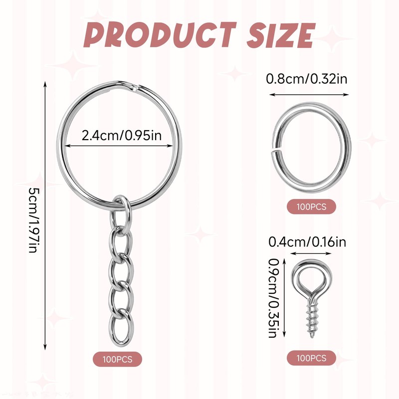 100 Pcs 25mm Keychain Rings and Keyring Chains & 100