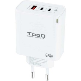 TOOQ TQWC-GANQC2PD65WT - 3-Port Wall Charger with GaN Technology, 2 USB-C PD Ports and 1 USB-A QC Port 65W, Colour White